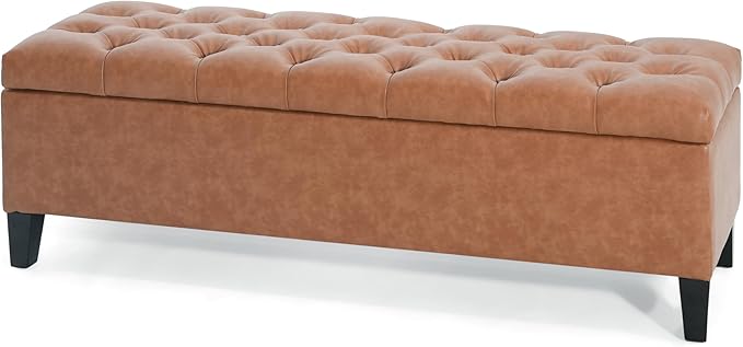 Christopher Knight Home Ottilie PU Leather Storage Ottoman Bench, Wooden Rectangular Ottoman with Storage, Bedroom End of Bed Foot Stool, Entryway Ottoman Footrest, Living Room Extra Seat, Brown