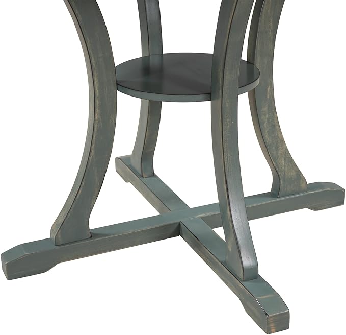 5-Piece Round Dining Table with Special-Shaped Table Legs and Storage Shelf,4 Fabric Chairs W/Cushioned Seat,for Dining Room Living Room,Antique Blue/Dark Brown