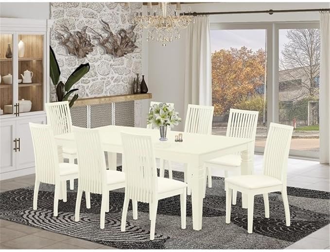 East West Furniture LGIP9-LWH-C 9 Piece Dining Room Table Set Includes a Rectangle Kitchen Table with Butterfly Leaf and 8 Linen Fabric Upholstered Dining Chairs, 42x84 Inch, Linen White