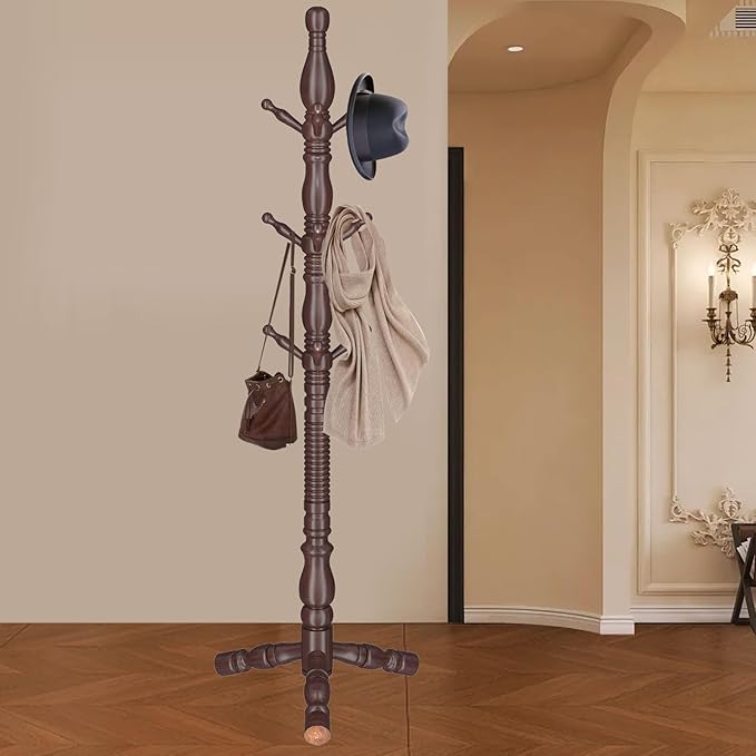 Wooden Coat Rack Stand, Vintage Wood Coat Rack Freestanding with Sturdy Triangle Base,Classic Coat Racks with 9 Hooks, Natural Birch Wood Entryway Coat Hall Tree Hanger Stand