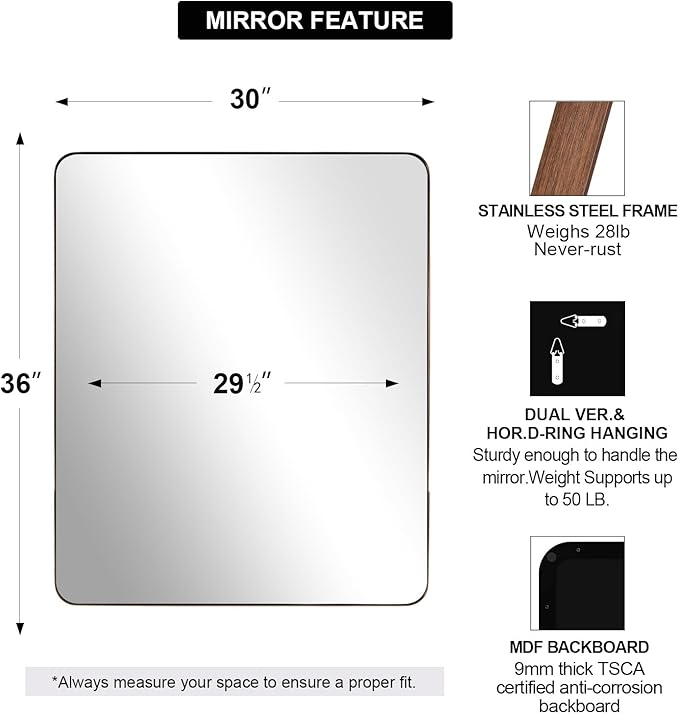 ANDY STAR Bronze Mirror for Wall, 30x36” Rounded Rectangle Bathroom Mirror, Modern Stainless Steel Metal Frame for Vanity