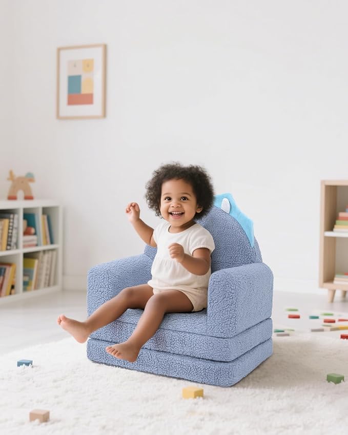 MOONBEEKI 2-in-1 Foldable Toddler Couch, Soft Sherpa Fabric with Washable Cover, Convertible Sofa to Lounger, Kids Sofa for Playroom, Bedroom, Living Room, Birthday Gift, Ages 1-3, Blue Triceratops