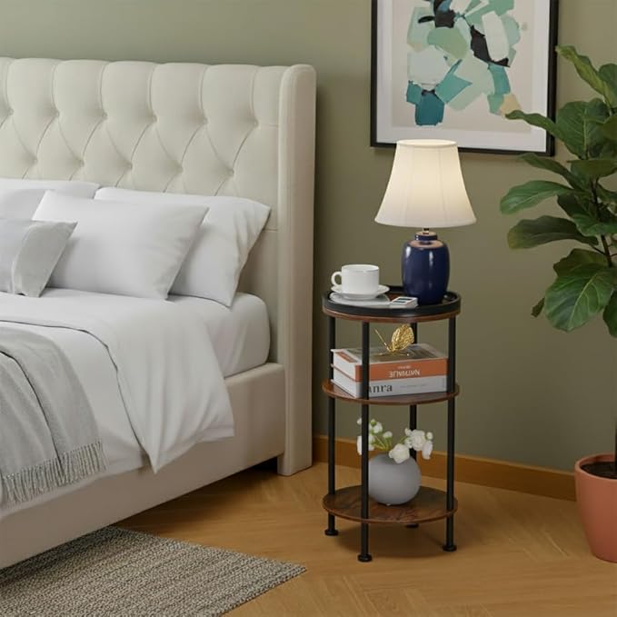 Small Round Side Table for Small Spaces, 3-Tier Round Accent Table Slim Side Table, Modern Sofa Corner Table for Living Room Nightstand Bedroom (Rustic Brown)