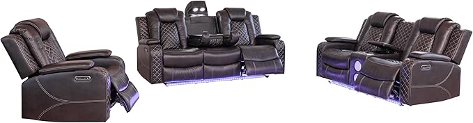 Ball & Cast Power Recliner Sofa Set Leather Reclining Sofa Set Living Room Furniture Set 3PCS Recliner Couch Loveseat & Chair Sets with Coffee Table,Reading Light,Cup Holders for Home Theater Seating