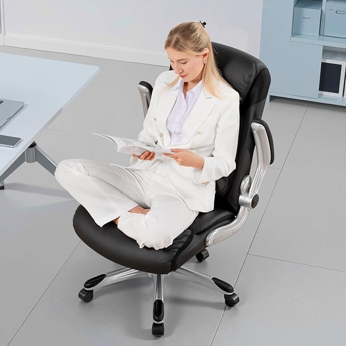 COMHOMA Big and Tall Office Chair, High Back Leather Executive Chair with Pocket Spring Lumbar Support and Flip-up Armrests, Swivel Managerial Office Chair with Adjustable Height， Black