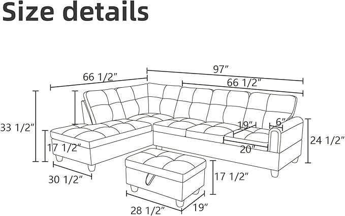 L Shaped Sectional Couches, Leather Couch Modular Sectional Sofa with Ottoman Storage, Modern L Shaped Couch with Chaise for Living Room Bedroom Apartment Furniture, Gray