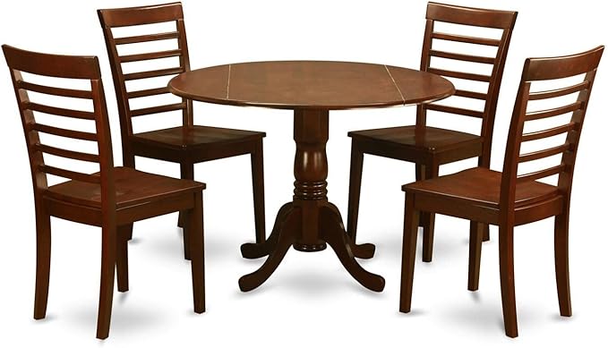 East West Furniture DLML5-MAH-W 5 Piece Modern Dining Table Set Includes a Round Wooden Table with Dropleaf and 4 Kitchen Dining Chairs, 42x42 Inch, Mahogany