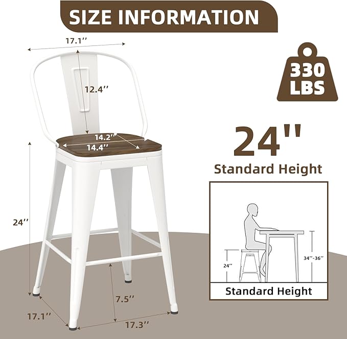 24” Swivel Bar Stools Set of 4, Counter Height Bar Stools Wooden Seat, Metal Industrial Bar Chairs with High Back for Kitchen Island (White)