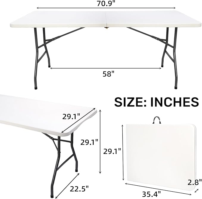 Goaste 6 Foot Folding Table, Portable Plastic Dining Table, Fold-in-Half Heavy Duty Table Indoor Outdoor for Camping, Picnic, Party, BBQ, Wedding, White