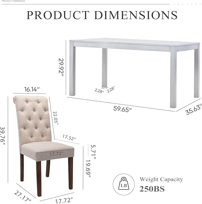 COLAMY 5-Piece Dining Table Set for 4, 60" Kitchen Wood Table with 4 Tufted Dining Room Chairs, White/Beige