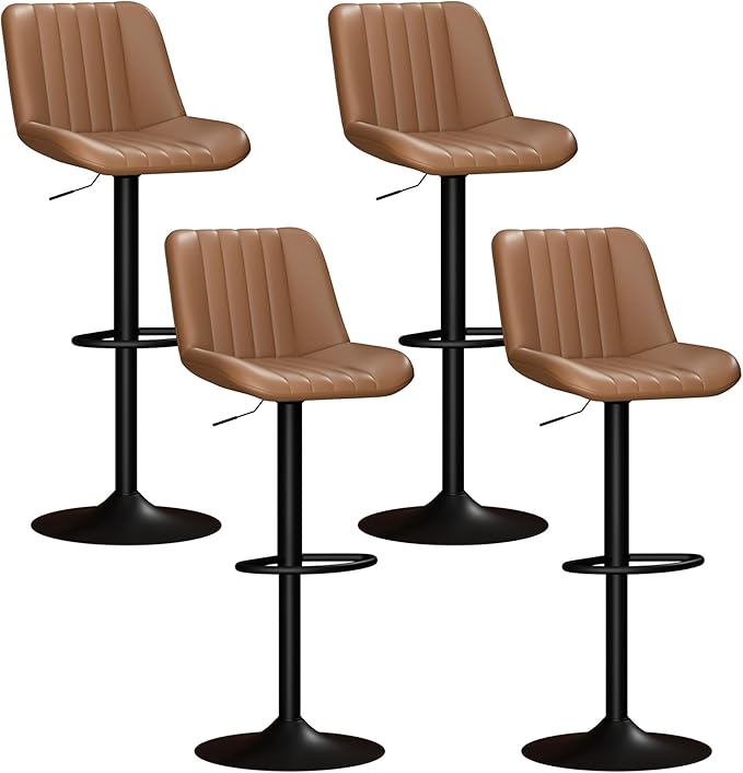 Shintenchi Bar Stools Set of 4 Modern Swivel Bar Chairs, Counter Height Faux Leather Metal Barstools, Upholstered Island Chairs with Back and Footrest, Coffee