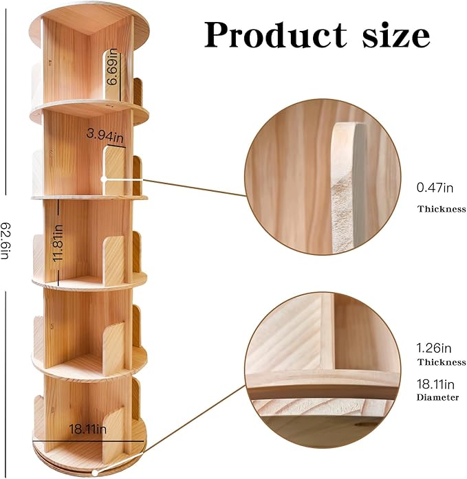 Rotating Bookshelf,360 Display Round 5 Tier Floor Standing Bookcase Storage Rack,Wood Spinning Bookshelf Tower for Bedroom,Living Room