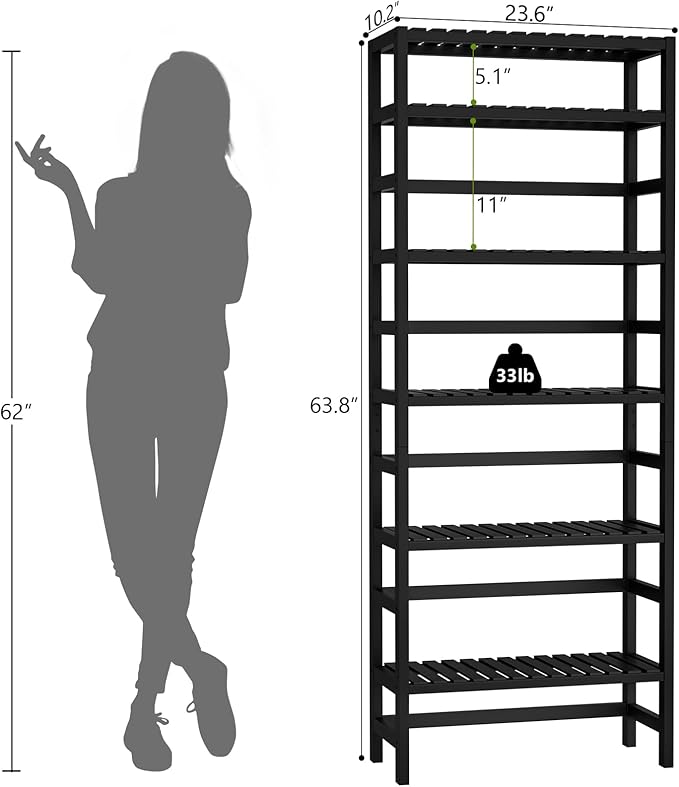 Homykic 6-Tier Bamboo Bookshelves and Bookcases, Adjustable 63.4”Tall Shallow Book Shelf Organizer Rack, Freestanding Storage Shelving Unit for Living Room, Kitchen, Bathroom, Office, Black