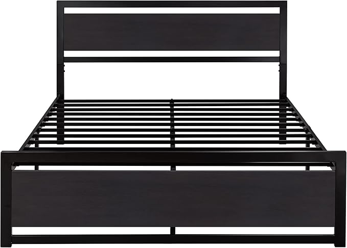 SHA CERLIN Queen Size Bed Frame with Modern Headboard, Heavy Duty Platform Metal Base with Square Footboard and 13 Strong Slats Support, No Box Spring Needed, Black