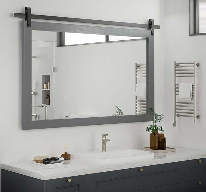 PAIHOME Large Gray Wall Mirror, Farmhouse Horizontal Rustic Square Bathroom Mirror for Wood Framed Vanity Mirrors, Barn Door Style Decor Living Room Entryway Bedroom 40x26INCH, Grey