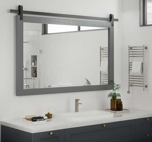 PAIHOME Large Gray Wall Mirror, Farmhouse Horizontal Rustic Square Bathroom Mirror for Wood Framed Vanity Mirrors, Barn Door Style Decor Living Room Entryway Bedroom 40x26INCH, Grey