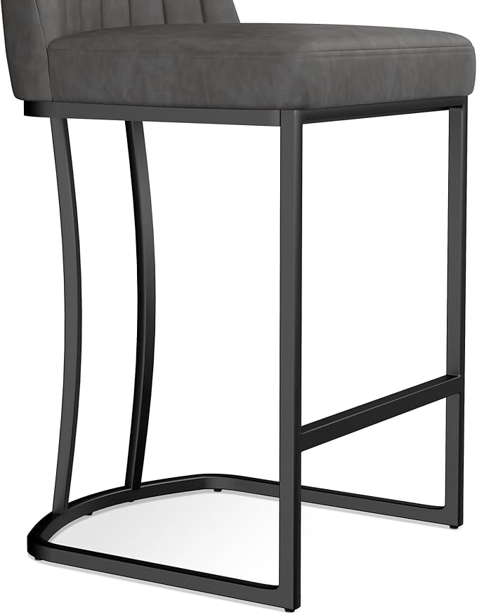 Counter Height Bar Stools Set of 2, Upholstered Leather Barrel Barstools with Back and Metal Legs for Kitchen Island, 27.4" Seat Height, Fabric in Faux Leather, Rustic Grey