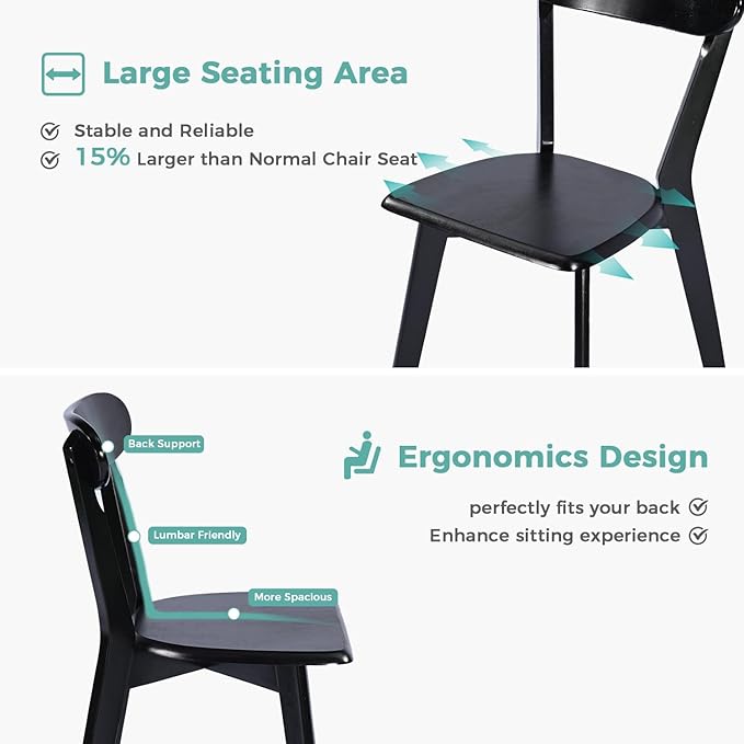 Solid Wood Dining Chairs Set of 2, Mid Century Modern Dining Room Chairs with Curved Backrest, Wooden Armless Kitchen Chairs for Dining Room, Space Saving, Black