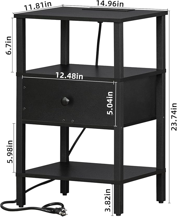 Lerliuo Nightstand with Charging Station and USB Ports, 3-Tier Storage End Table with Drawer Shelf, Night Stand for Small Spaces, Wood Bed Side Table for Living Room, Bedroom - Classic Black