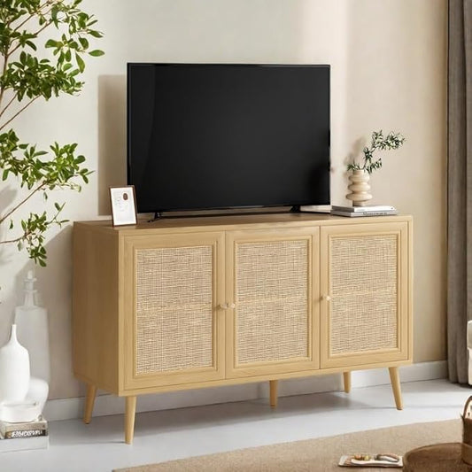 Rattan Entryway Table, Entertainment Center with Adjustable Shelf, Sideboard Buffet Cabinet with 3 Rattan Doors, Modern Console Cabinet with Large Storage for Living Room, Kitchen, Brown