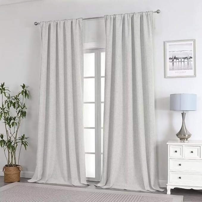 Joydeco Natural Linen Curtains 120 inch Length 2 Panels Set Burg 100% Blackout Patio Door Curtain Room Darkening Sliding Door Curtains Thermal Insulated Back tab Rod Pocket(105x120 inch, Light Beige)