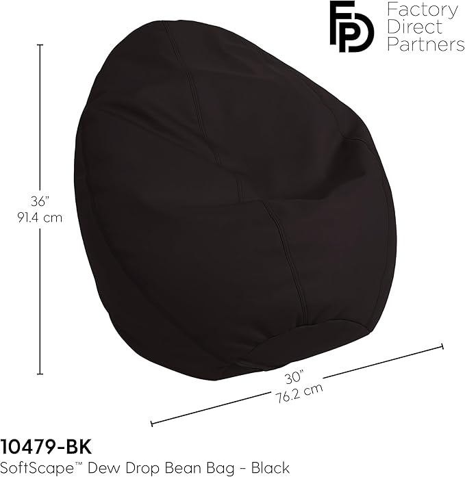 FDP SoftScape Dew Drop Bean Bag Chair with Supportive High-Back Design, For Kids, Teens and Adults, Alternative Seating for Dorms, Schools, Libraries, Daycares or Home - Black