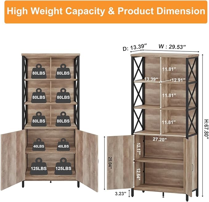 FATORRI Rustic Tall Bookshelf with Doors, Industrial Farmhouse Bookcase with Storage, 6 Cube Storage Organizer Book Shelf for Living Room, Home Office (Rustic Oak, 67 Inch)