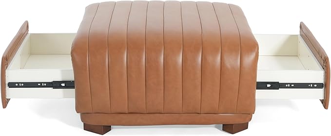 Christopher Knight Home Reyno Upholstered Ottoman with Storage for Living Room, Faux Leather Storage Ottoman Foot Rest with Side Drawers, Modern Square Coffee Table with Wooden Frame, Brown