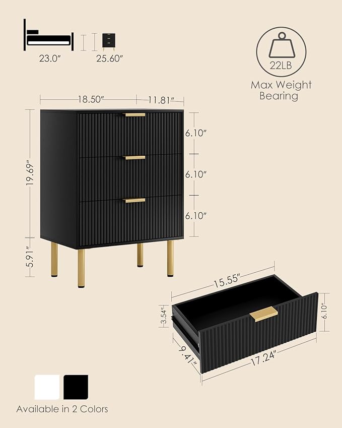 Night Stand,Tall Bedside Table with 3Storage Drawers,White Nightstand,Bedside Furniture,Side Table with Gold Frame,End Table for Bedroom,Living Room (Modern-3drawers, Black.)