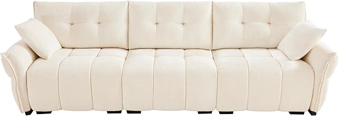 Modern Chenille Fabric 3-Seat Sofa w/ 2 Pillows, Premium Upholstery Living Room Couch with Tufted Backrest & Comfortable Armrests and High-Resilience Memory Foam Cushions,White