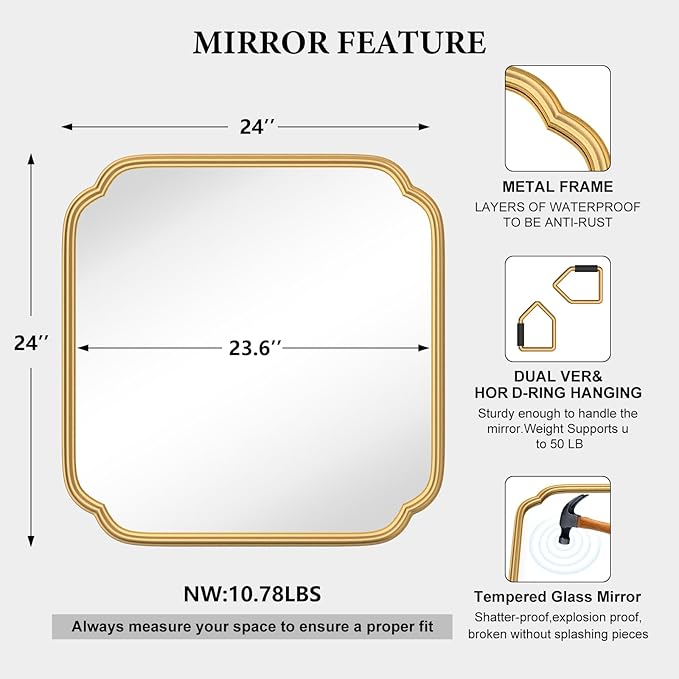 Gold Bathroom Mirror for Wall 24" x 24" Modern Rounded Corner Square Mirror with Non-Rusting Iron Metal Framed Bathroom Vanity Mirror for Over Sink Wall Decor Horizontal/Vertical