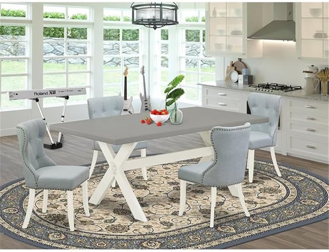 East West Furniture X097SI215-5 5 Piece Dining Set Includes a Rectangle Dining Room Table with X-Legs and 4 Baby Blue Linen Fabric Upholstered Parson Chairs, 40x72 Inch, Multi-Color