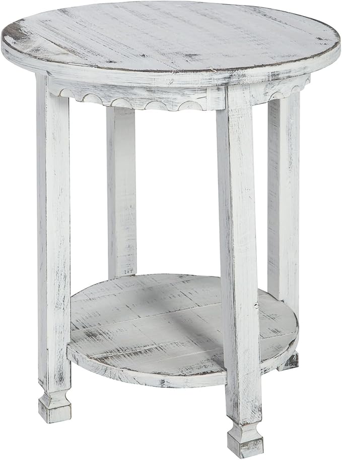 Rustic Cottage Round End Table w/ 1 Shelf, White Antique, 20" x 20" x 24", Farmhouse Style - Unique Accent Piece, Constructed of Select Hardwoods/Composite Wood, End Table w/ Drawer & Shelf