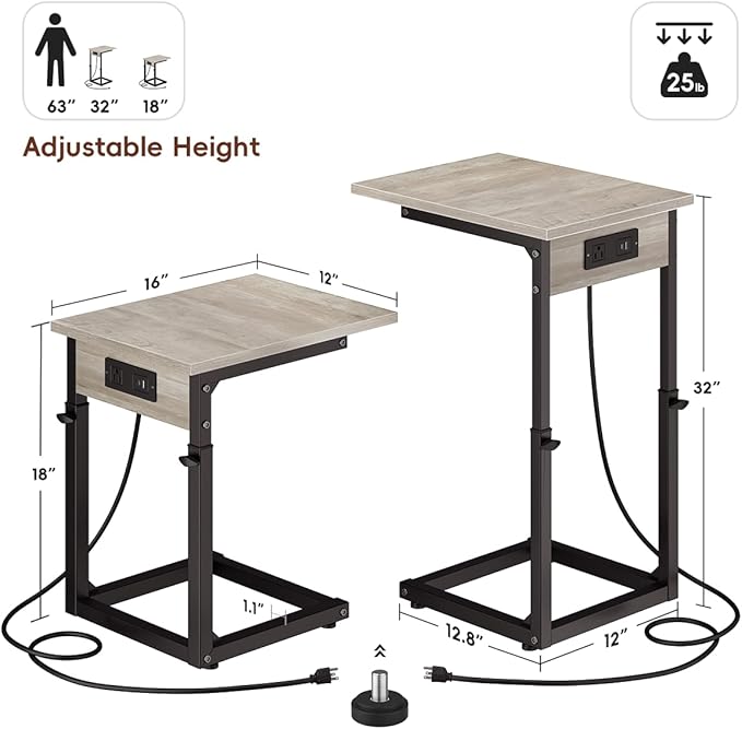 Vagusicc C Shaped End Table with Charging Station, 33" Tall Side Table for Couch, C Table Adjustable Height Small Couch Side Table, Slide Under Sofa Table TV Tray Table for Living Room, Bedroom, Grey