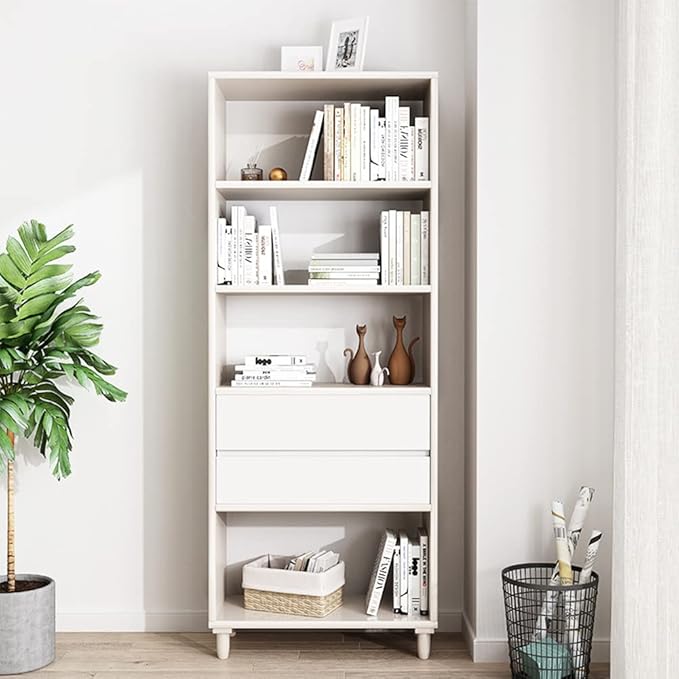 IOTXY White Mid-Century Bookcase with Legs - 67" Tall Open Shelves Cube Billy Bookshelf with Double Drawers for Home and Office