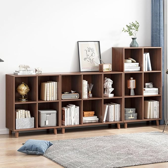 IOTXY Open Cube Low Bookcase - 3-Tier Freestanding Storage Display Cabinet Organizer with Legs for Home Office, 7-Cubes Open Shelf Short Bookshelf, Walnut