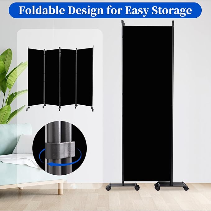 Room Divider 6FT Room Partition with Lockable Wheels,4 Panel (Thicked Metal Base) Room Dividers, Freestanding Indoor Folding Privacy Screens, Portable Fabric Wall Divider for Room Separation, Black