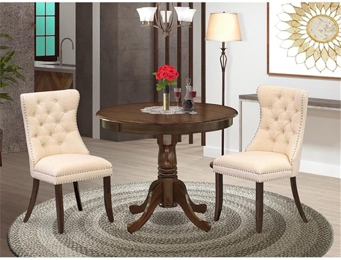 East West Furniture ANDA3-AWA-32 3 Piece Modern Dining Table Set Consists of a Round Kitchen Table with Pedestal and 2 Polyester Fabric Padded Chairs, 36x36 Inch, Antique Walnut