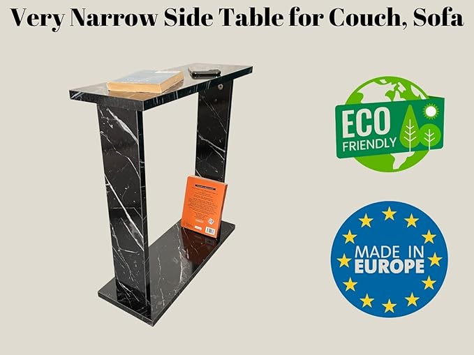 Very Narrow Side Table for Living Room, Small Apartment Space Between Chairs Skinny Table for Recliner, Couch, Armchair, Thin Slim End Table for Living Room, Bedroom, Beverages (Black Marble)
