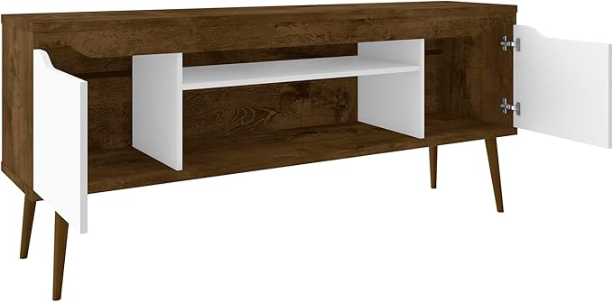 Manhattan Comfort Bradley Mid Century Modern TV Stand for Televisions up to 60 Inches, Living Room Entertainment Center with Storage, Media Shelves and Soft Close Doors, Rustic Brown/White