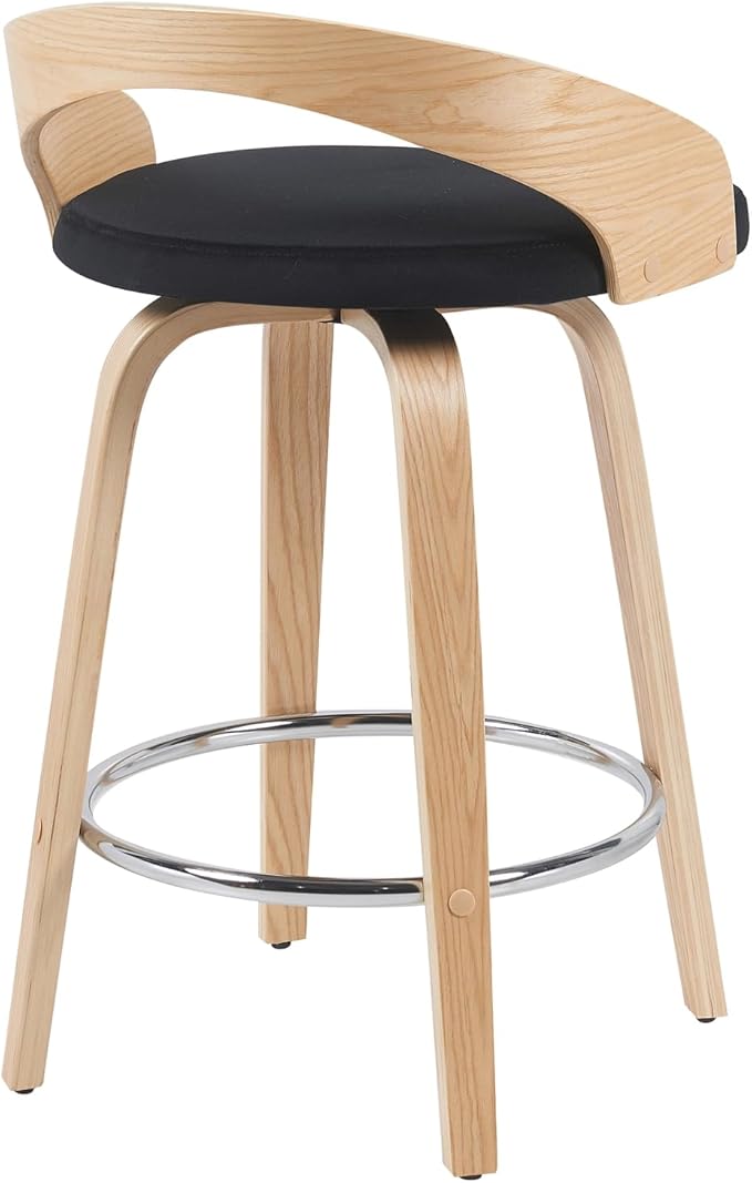 Sonia Modern Swivel Counter Height Bar Stool with Black Upholstered Seat and Patterned Oak Wood Finish Set of 3
