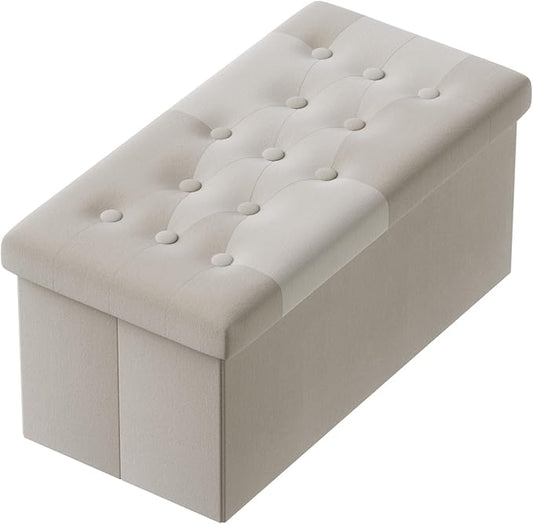 PRANDOM Extra Large Ottoman with Storage [1-Pack] Velvet Folding Small Square Foot Stool with Lid for Living Room Bedroom Coffee Table Dorm Beige 30.5x15x15 inches