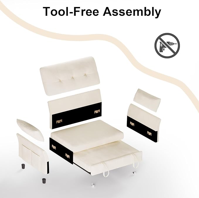 Vipbear 3-in-1 Chenille Convertible Sofa Bed, Pull Out Sleeper Sofa with Reclining Backrest & Side Pocket, Tool-Free Assembly, Folding Loveseat for Living Room, Apartment, White