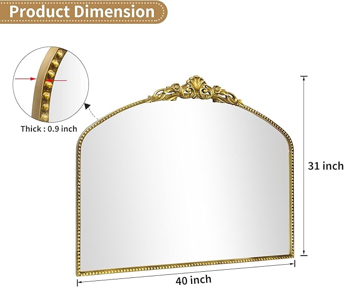 G-LEAF Vintage Baroque Mirror 40"X30",Victorian Antique Mirror, Farmhouse Mantel Mirror with Black Brush Gold Ornate Metal Frame for Fireplace Entryway Living Room Hallway Bathroom