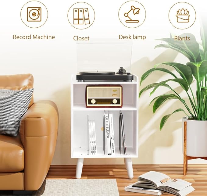 Record Player Stand, Turntable Stand with Record Storage and Charging Station & USB Ports, Record Player Table with Metal Divider, Record Stand Up to 160 Albums for Living Room, Bedroom, White