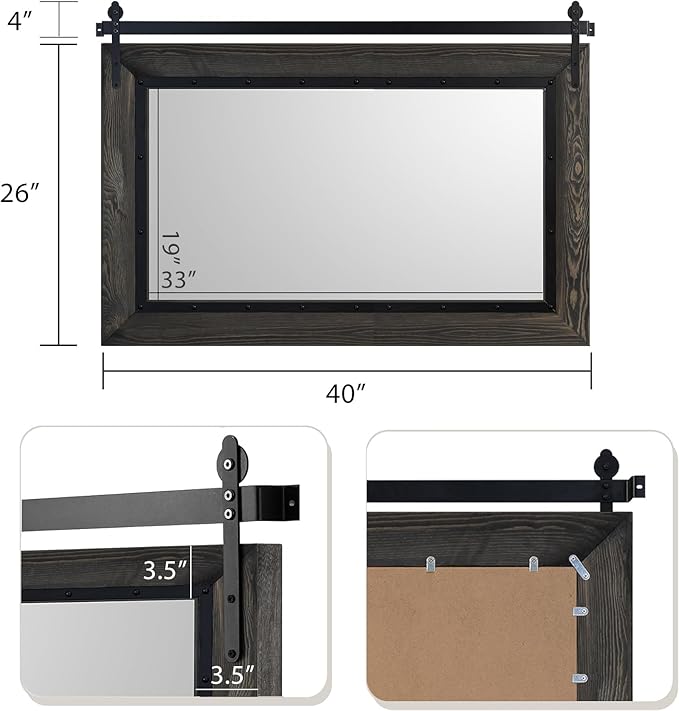 YOSHOOT Farmhouse Barn Door Mirror, 40"x26" Rustic Bathroom Mirror, Wood Frame Wall Mirror, Wooden Mirror for Living Room Bedroom Entryway Wall Décor, Horizontal Hanging ONLY