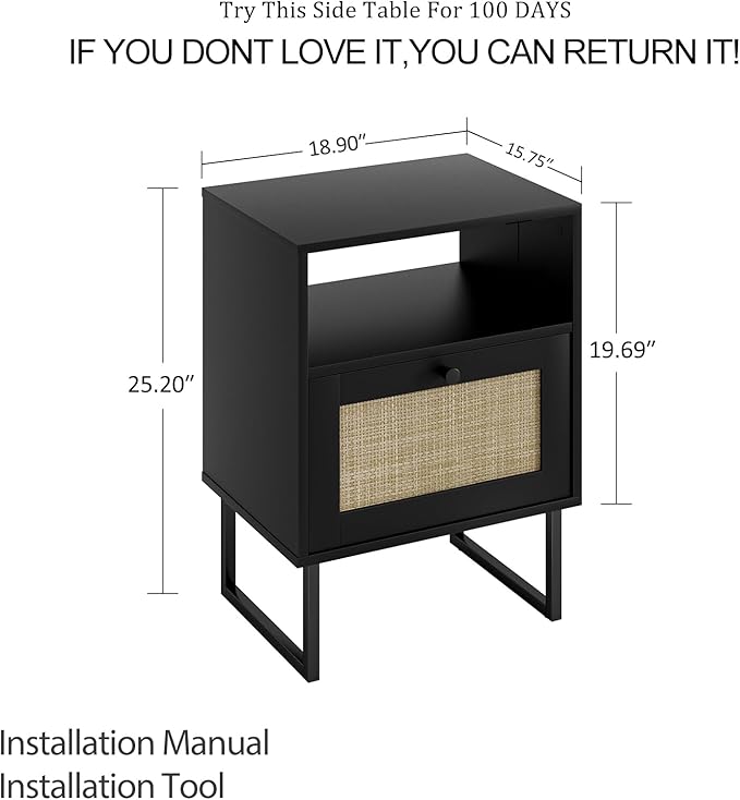 Masupu Rattan Nightstand,Boho Night Stand Modern Farmhouse Wood Bedside Table with Storage Drawer and Open Shelf,Side End Table for Bedroom,Living Room,Office Black
