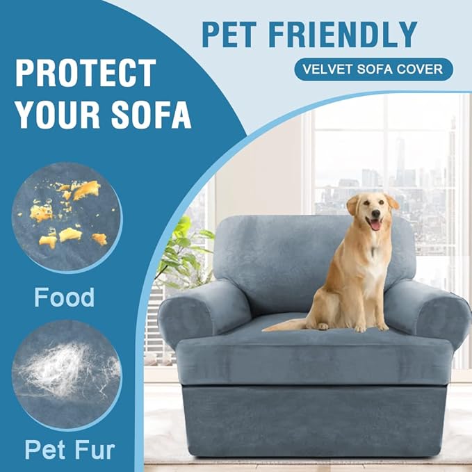 H.VERSAILTEX Sofa Cover 2 Piece T Cushion Armchair Slipcovers Thick Velvet Couch Cover Furniture Protector Stretch T Cushion Sofa Covers for 1 Cushion Couch with 1 T Cushion Covers, Stone Blue