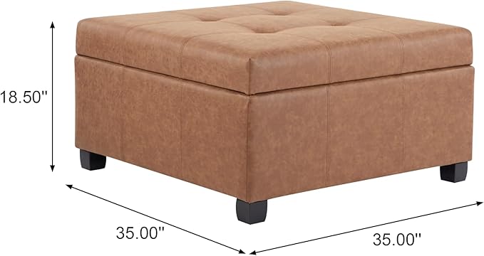 Christopher Knight Home Lorel Faux Leather Square Storage Ottoman Coffee Table, Wooden Ottoman with Storage, Entryway Modern Ottoman Foot Stool, Toy Box Storage for Living Room, Brown