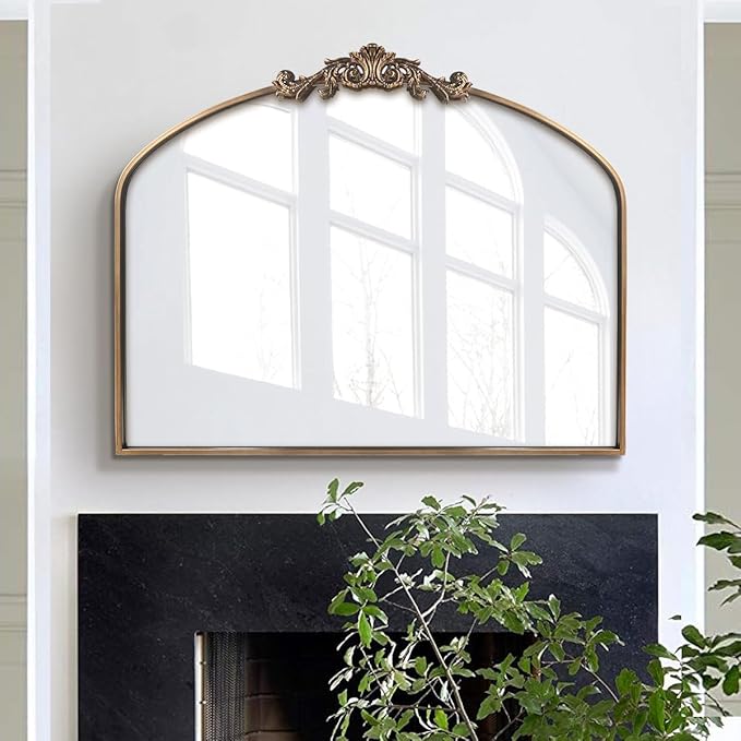 WAMIRRO Antique Mirror,Gold Traditional Vintage Ornate Baroque Arched Brass Wall Mounted Mirrors for Entryway/Fireplace/Living Room/Hallway/Bathroom 36"X30"